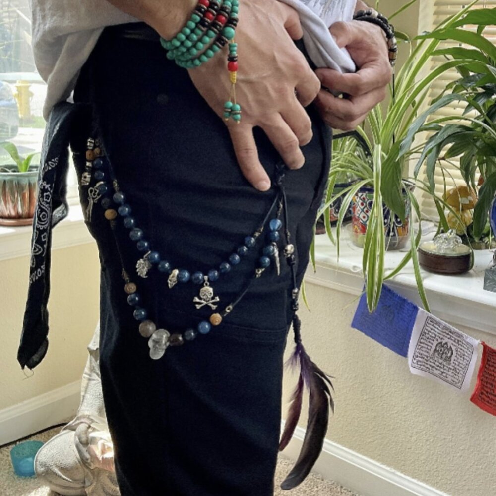 Beaded Jeans Chain: Stone, Skull & Feather Charm Cord
